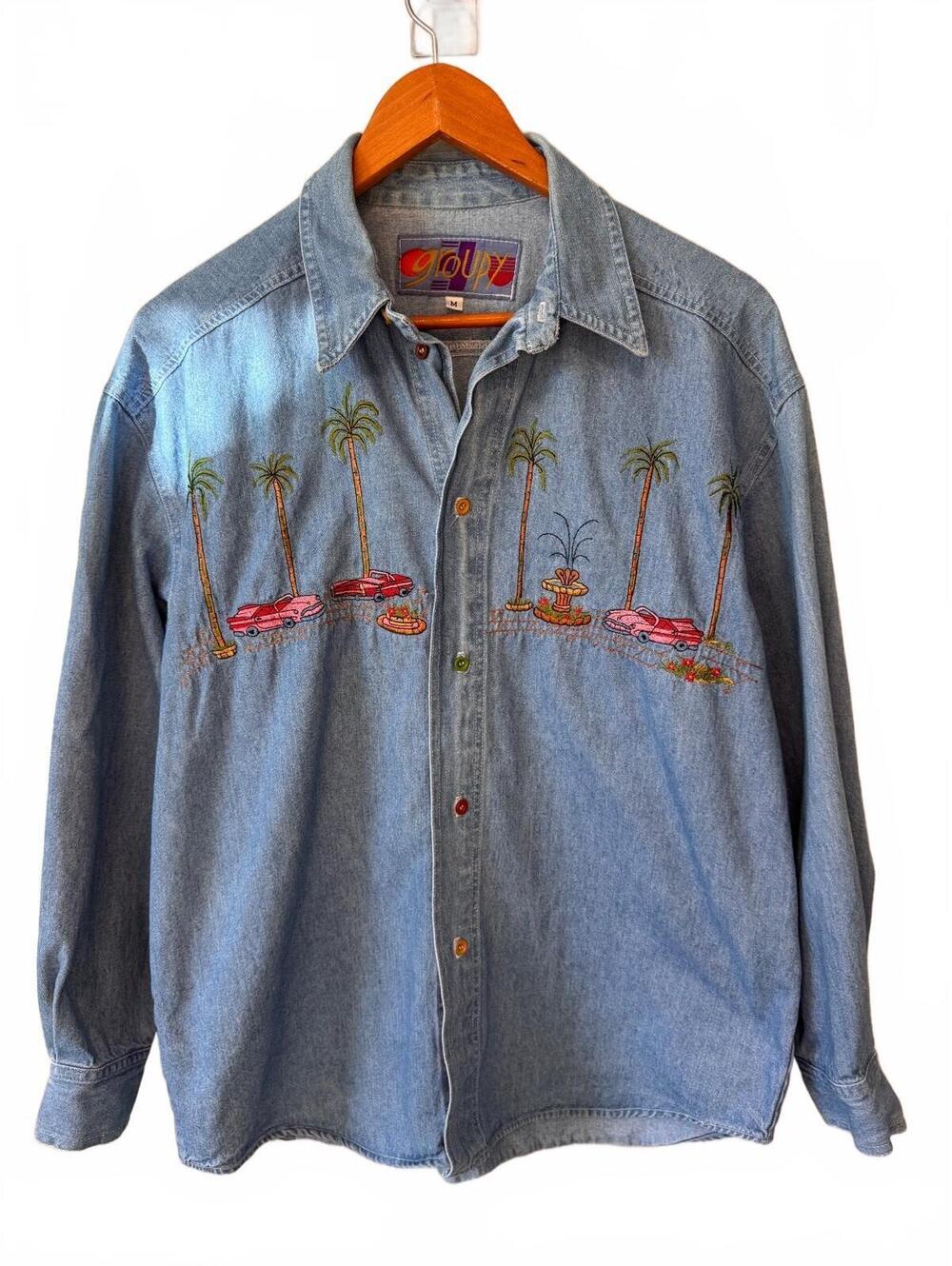 Vintage Kitschy Embroidered Denim Shirt Light Wash Cadillac Beverly Hills Floral